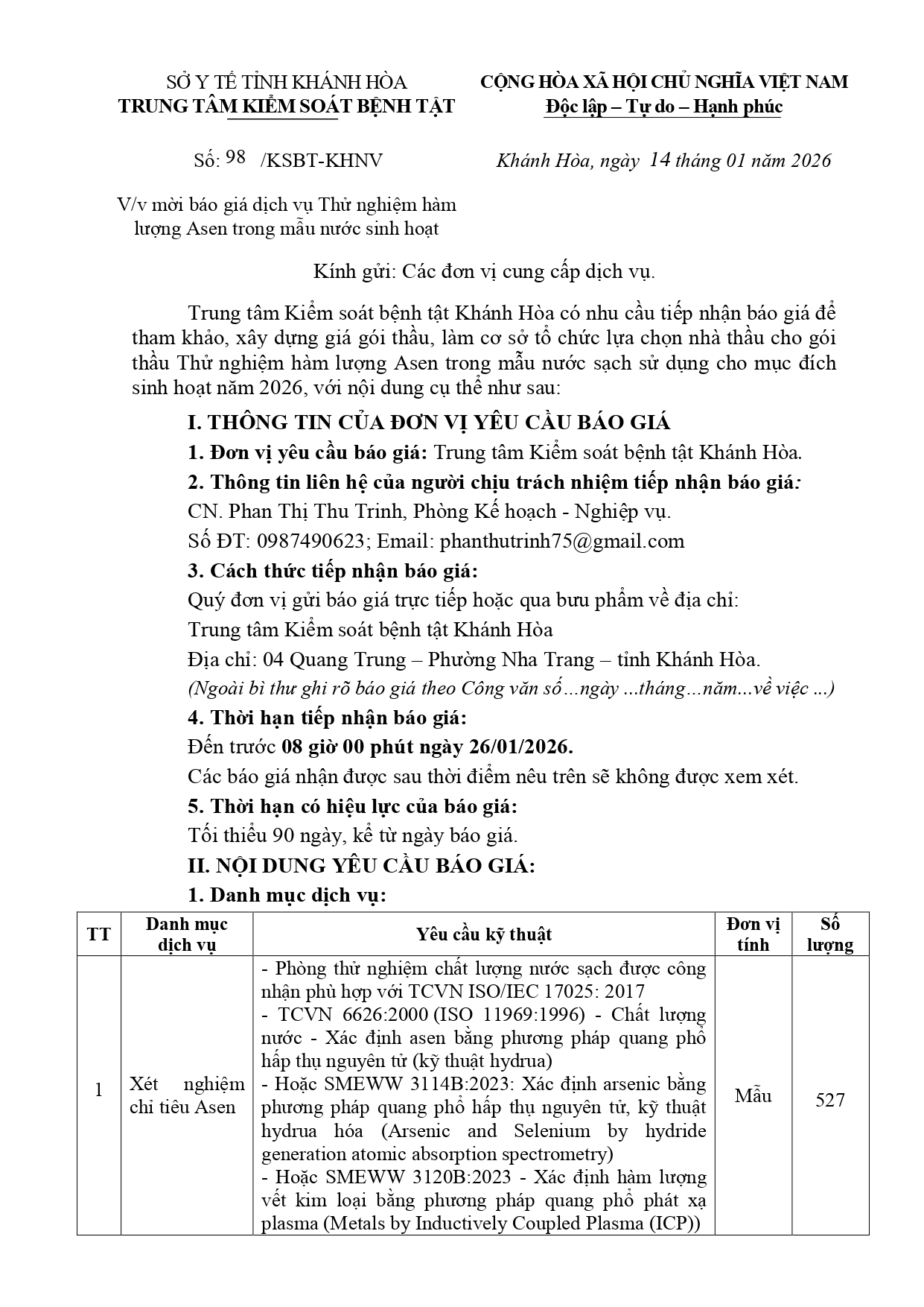 V/v mời báo giá dịch vụ Thử nghiệm hàm lượng Asen trong mẫu nước sinh hoạt